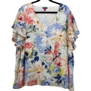 Vince Camuto Size 3X Floral Blouse Multicolor Ruffle Sleeve V-Neck Lined Top